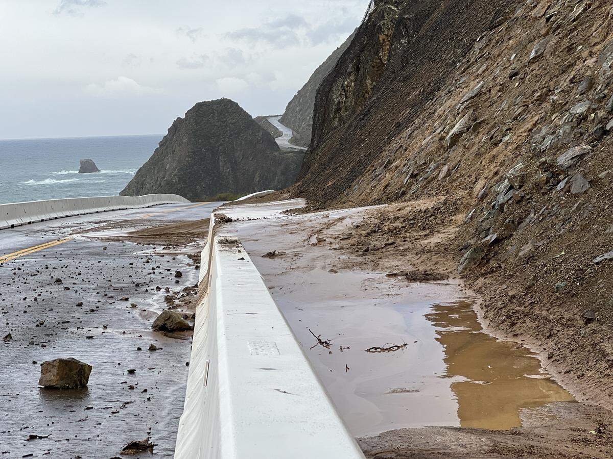 Highway 1 was closed for a 6.8-mile segment from one mile south of the Esalen Institute to two miles north of Lucia on Feb. 17, 2026, as Caltrans worked to remove mud from a renewed rockslide site of the Regent’s Slide.