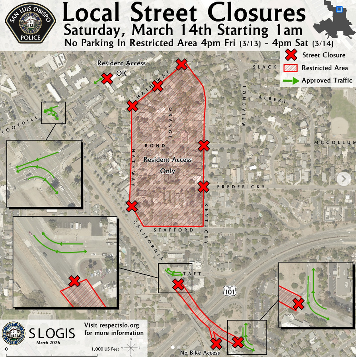 Roads will be closed for St. Fratty’s Day starting at 4 p.m. on March 13 through 4 p.m. on March 14, 2026. Residents may have to show copies of their leases to get entry into restricted areas.