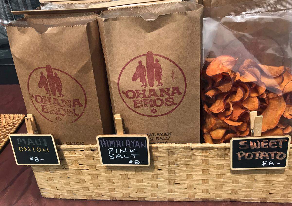 Gourmet potato chip varieties sold at the Ohana Bros. Snack Company stall at the Cambria farmers market include Maui onion, Himalayan pink salt and sweet potato.