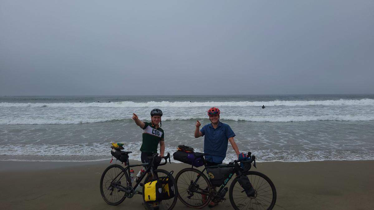 After completing a week-long bike trip from San Francisco to Los Angeles in February 2025 eating only Chipotle burritos, Tasman Alexander, left, and Cal Poly student Tyler Brown are planning to do the same trip across the country — if the Mexican food company will sponsor them. The pair are pictured here on a previous bike trip.