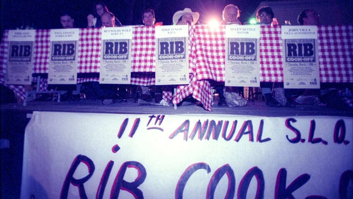During the 11th annual Rib Cook-off in downtown San Luis Obispo on March 20, 1996 the judges were from left: Erik Stein of Cellular One; Paul LeSage of the Parks and Recreation Department; Reynolds Wolf of KSBY; Mike O'Neil from KJUG; Allen Settle, mayor of San Luis Obispo; John Villa of Villa Automotive; and Rick Jackoway, managing editor of New Times.