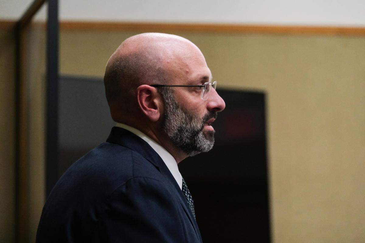 San Luis Obipso County Deputy District Attorney Ben Blumenthal speaks during the sentencing hearing for former San Luis Obispo County Board of Supervisor candidate Michelle Marie Morrow on April 7, 2025. She was sentenced to 90 days in jail and two years of probation for election fraud crimes in San Luis Obispo Superior Court.