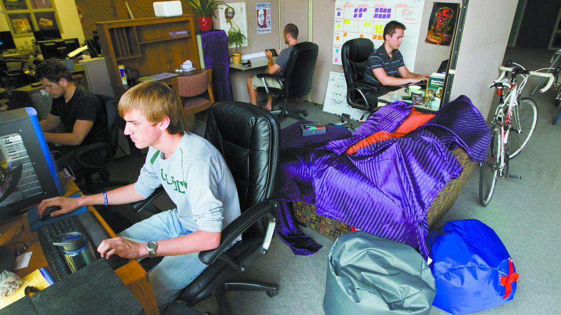 Mikkel Sandberg, Aaron Rivera, Joshua Holland, and Mark Paddon work on their start-up FireSwing in the SLO Hothouse. 

The SLO Hothouse is an incubator for start-up companies launched by Cal Poly students and alumni.