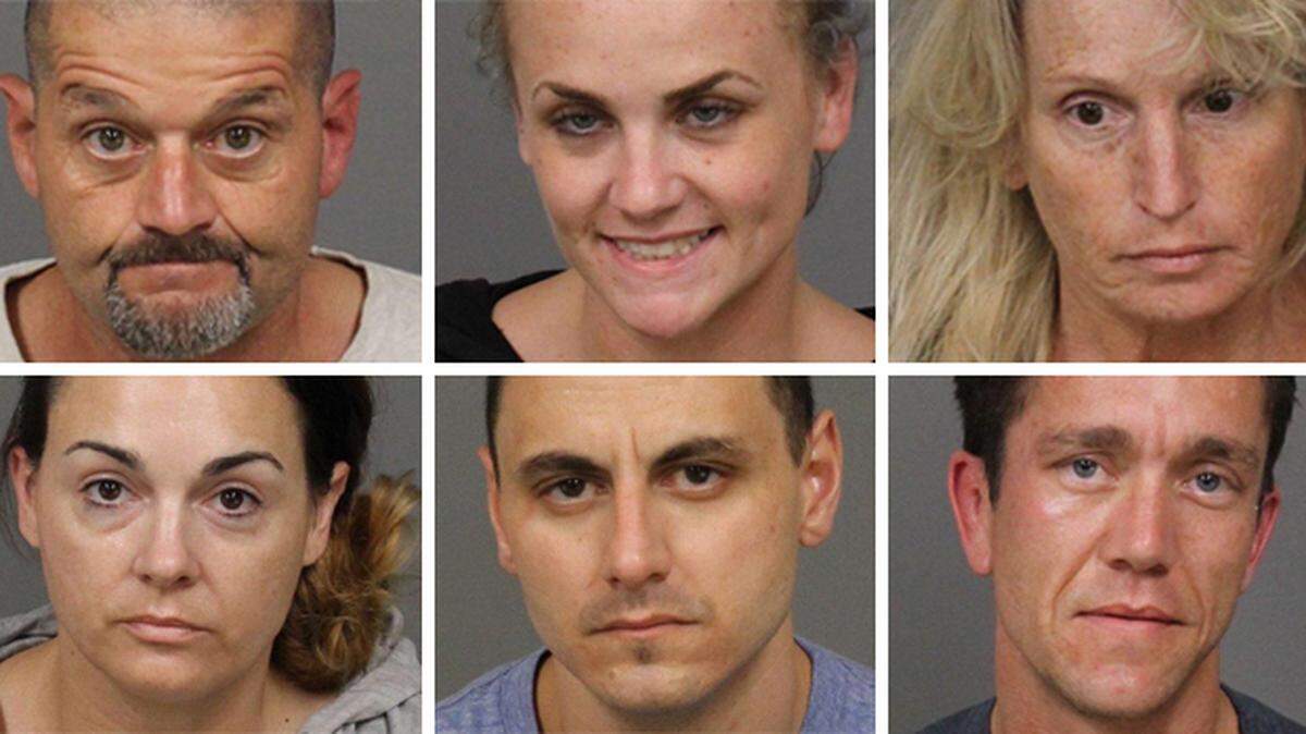Six suspects were arrested Wednesday in a Morro Bay drug bust, clockwise from top left are: Ralph Aschenbrenner, Acacia MacDonald, Kathryn Doepel, Paul DeFalco, John Fort and Randi Ruggles.