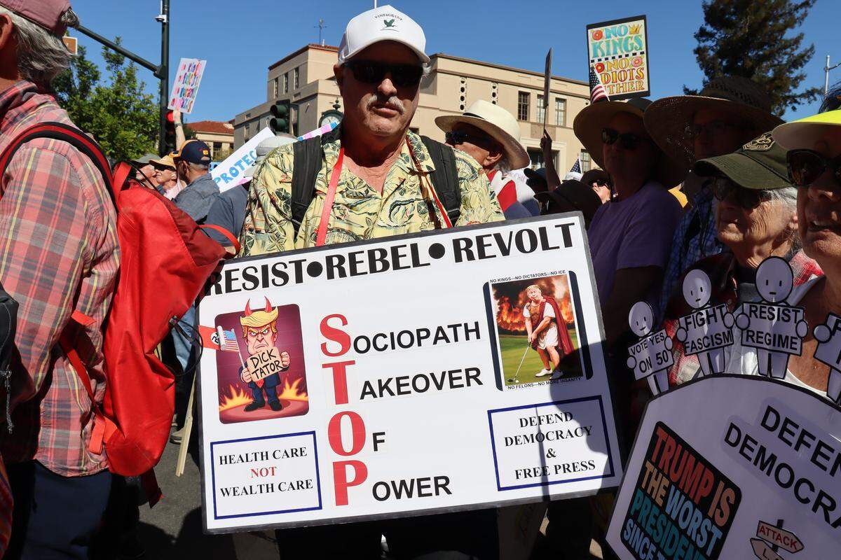 Thousands of people attended the No Kings rally in downtown San Luis Obispo to protest the Trump administration and support Prop. 50 on Oct. 18, 2025.