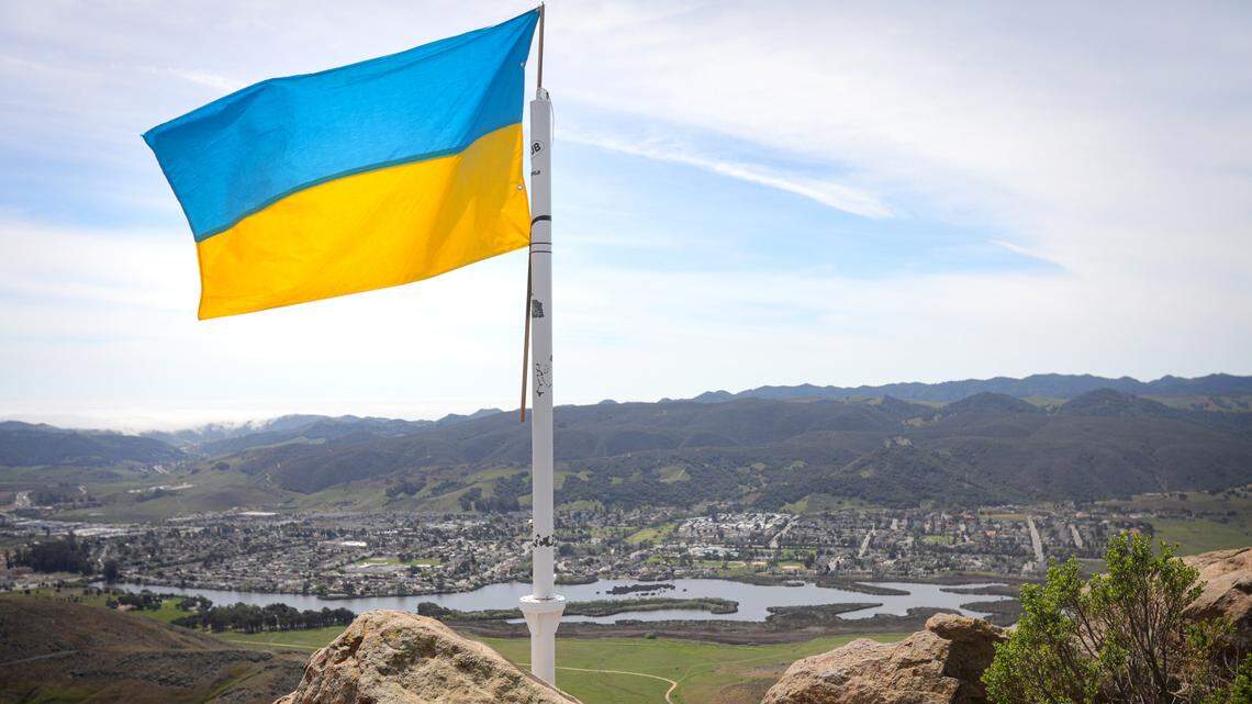 The Ukraine flag was zip-tied to a pole at the top of Cerro San Luis on March 25, 2022. The U.S. launched a new program allowing citizens and organizations to sponsor refugees from Ukraine.