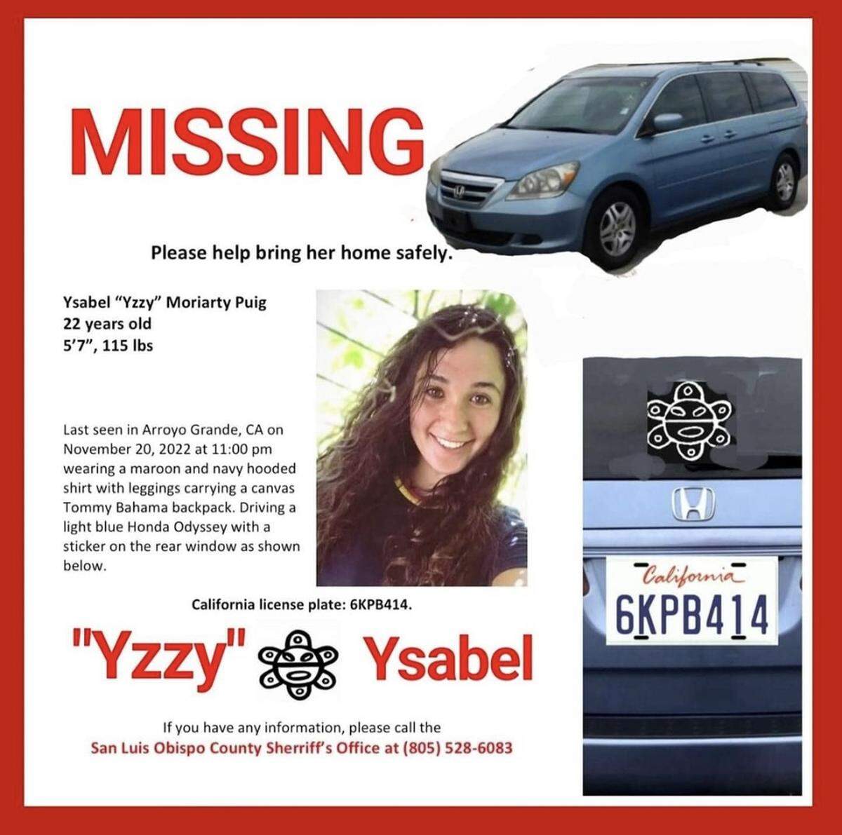 Ysabel “Yzzy” Moriarty Puig was last seen in Arroyo Grande on Nov. 20. Her mother is asking the public for help on social media.
