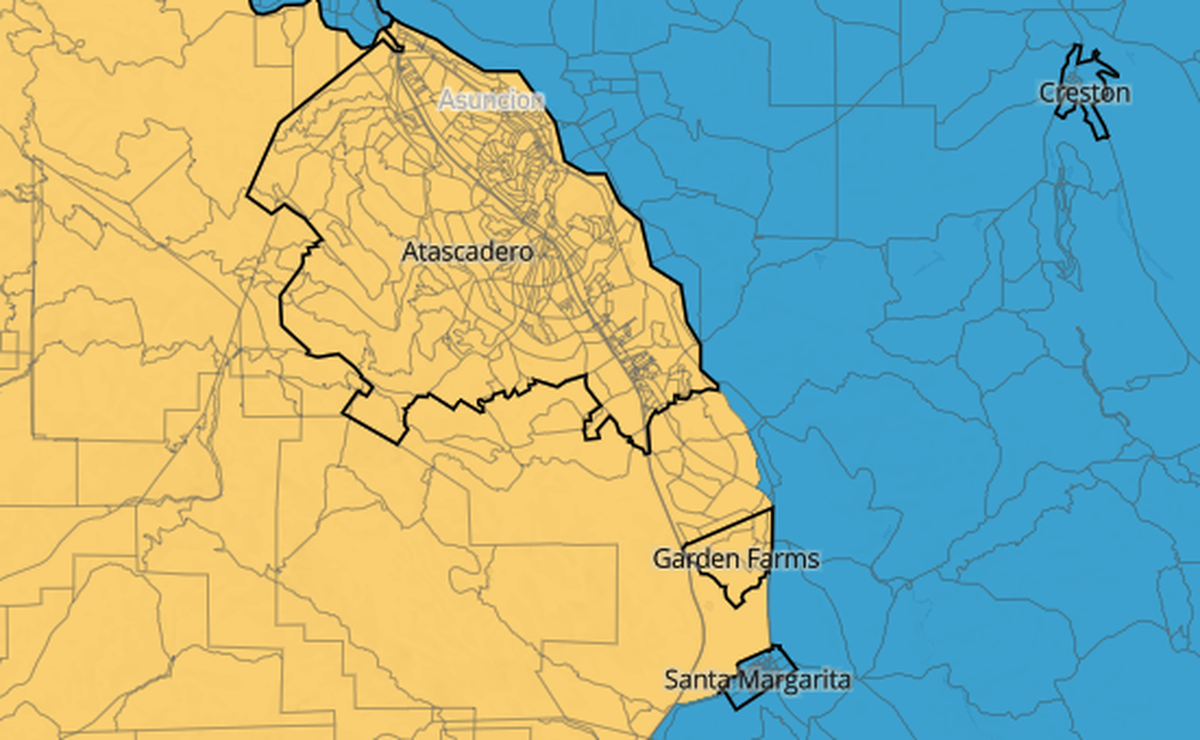 In the North County, the Patten map splits Santa Margarita from Atascadero and instead lumps Santa Margarita with Paso Robles in the blue district. Atascadero is added in the North Coast district that includes Cambria and Cayucos.