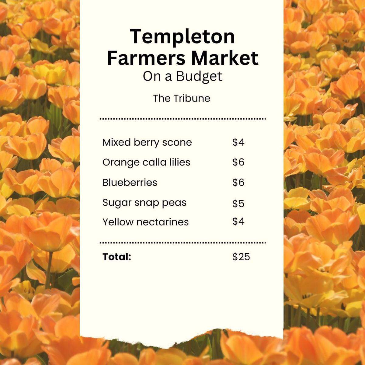 A graphic of an itemized receipt fro the Templeton Farmers Market in Templeton.