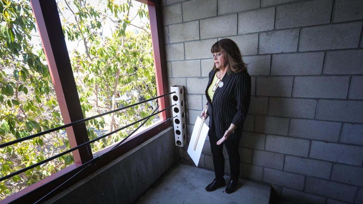 Atascadero resident Mary Jane Jodry, pictured on May 10, 2022, is pushing for the city of San Luis Obispo to improve safety at its downtown parking structures. Her son Thomas died in a fall from this window on the third level of the Marsh Street structure in 2019.