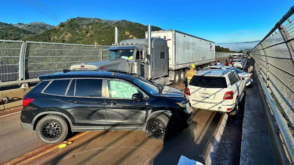 Icy road conditions led to multiple crashes on the Cold Springs Bridge in the Santa Ynez Valley early Sunday, Feb. 27, 2023, and the closure of Highway 154. Three people were taken to the hospital after the early morning collisions.
