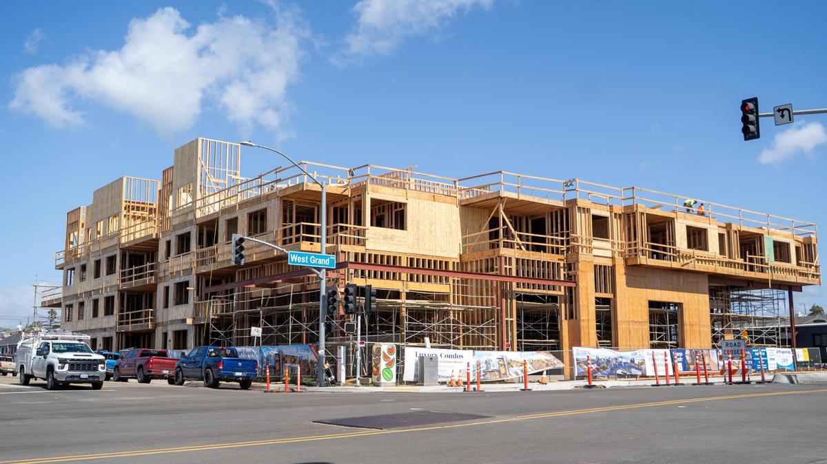 Developer Coastal Community Builders is nearing completion on mixed-use commercial and residential spaces at 401 and 402 W. Grand Ave. in Grover Beach, pictured here Friday, March 7, 2025.