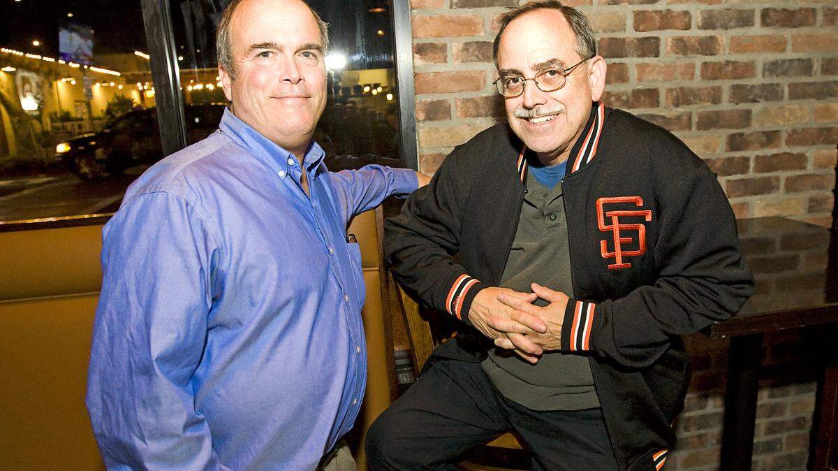 Arroyo Grande City Council candidates Tim Brown, left, and Joe Costello at their election-night party at Rooster Creek Tavern in Arroyo Grande.