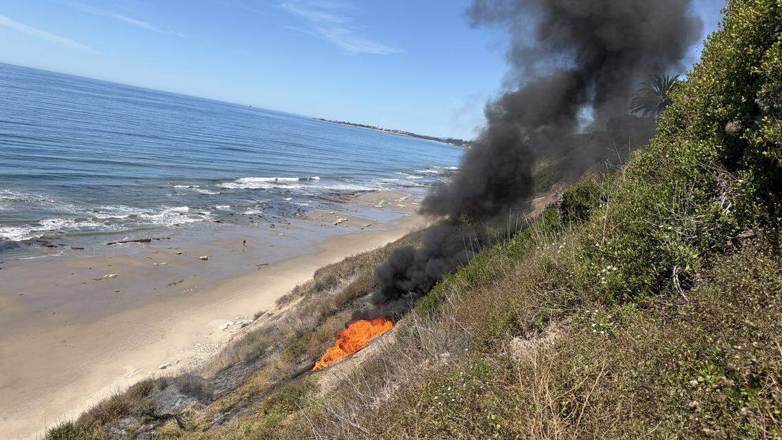 Fire crews responded to a Hope Ranch “volcano” near Santa Barbara, California, as smoke and fire emerged from a coastal bluff vent on April 23, 2026.