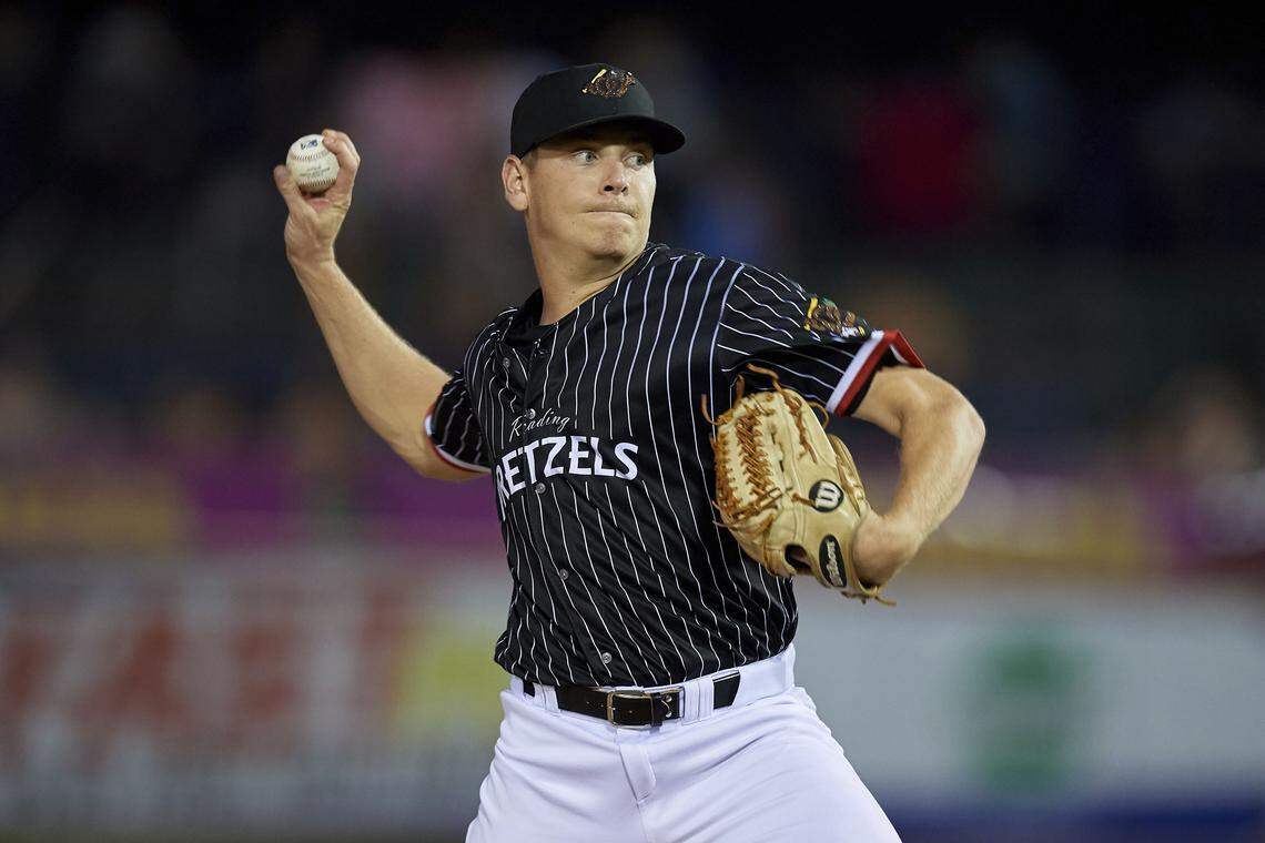 Reading Fightin Phils starting pitcher Spencer Howard (12) during an Eastern League game against the Trenton Thunder on August 16, 2019 at FirstEnergy Stadium in Reading, Pennsylvania. Trenton defeated Reading 7-5. (Mike Janes/Four Seam Images via AP)