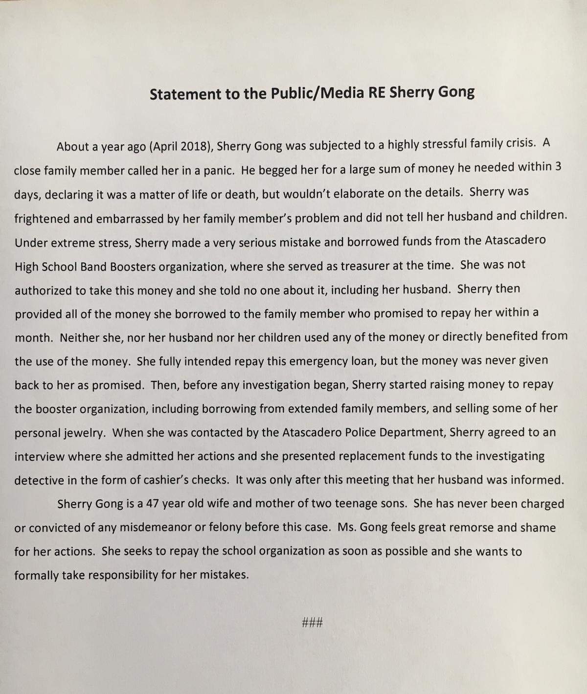 Sherry Gong’s attorney Guy Galambos sent this statement to The Tribune the same day charges were filed against Gong. It says that she admits she took money from the band’s booster club when faced with a family crisis.