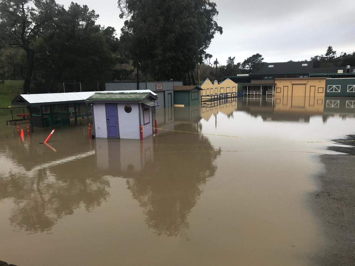 Water floods the Pinedorado grounds in Cambria on Sunday, Jan. 8, 2023.