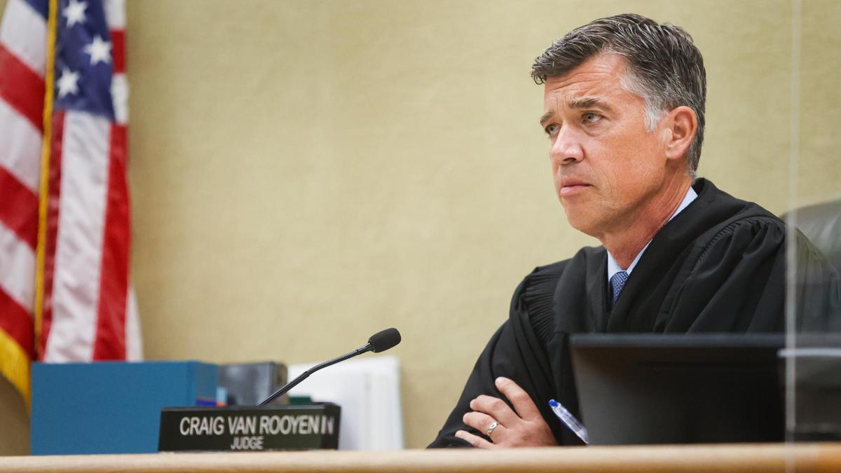 Judge Craig van Rooyen listens to arguments in San Luis Obispo Superior Court at a hearing for Paul and Ruben Flores on July 14, 2021.