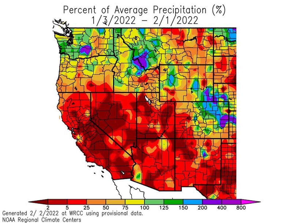 This map shows how much of the West, San Luis Obispo County included, received far less rainfall than it’s used to during the month of January.