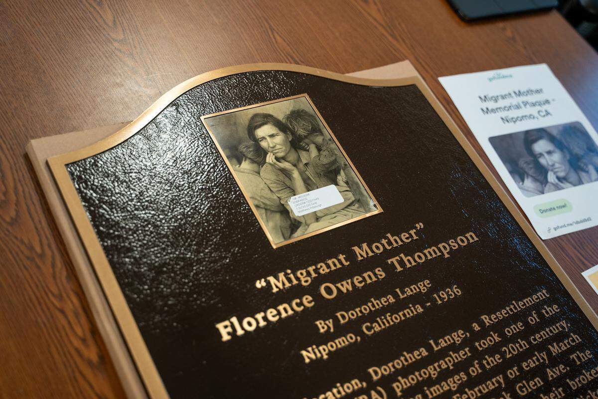 A plaque commemorating the “Migrant Mother” photograph by Dorothea Lange, pictured here on Friday, Oct. 24, 2025. The plaque will be unveiled to the public on Nov. 15 at Jim Miller Park in Nipomo.