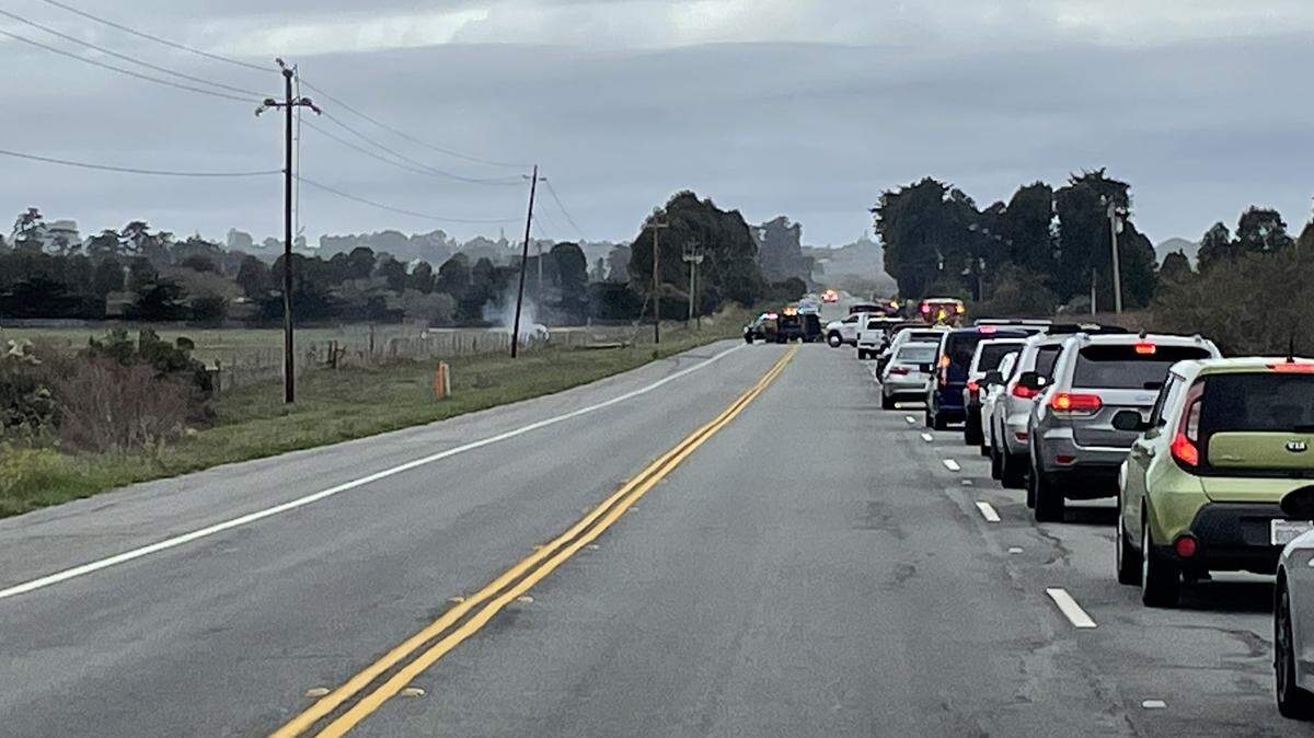 A vehicle crashed into a power pole near the intersection of Los Osos Valley Road and Turri Road in San Luis Obispo on Sunday, Dec. 4, 2022, resulting in a fire, according to Cal Fire.