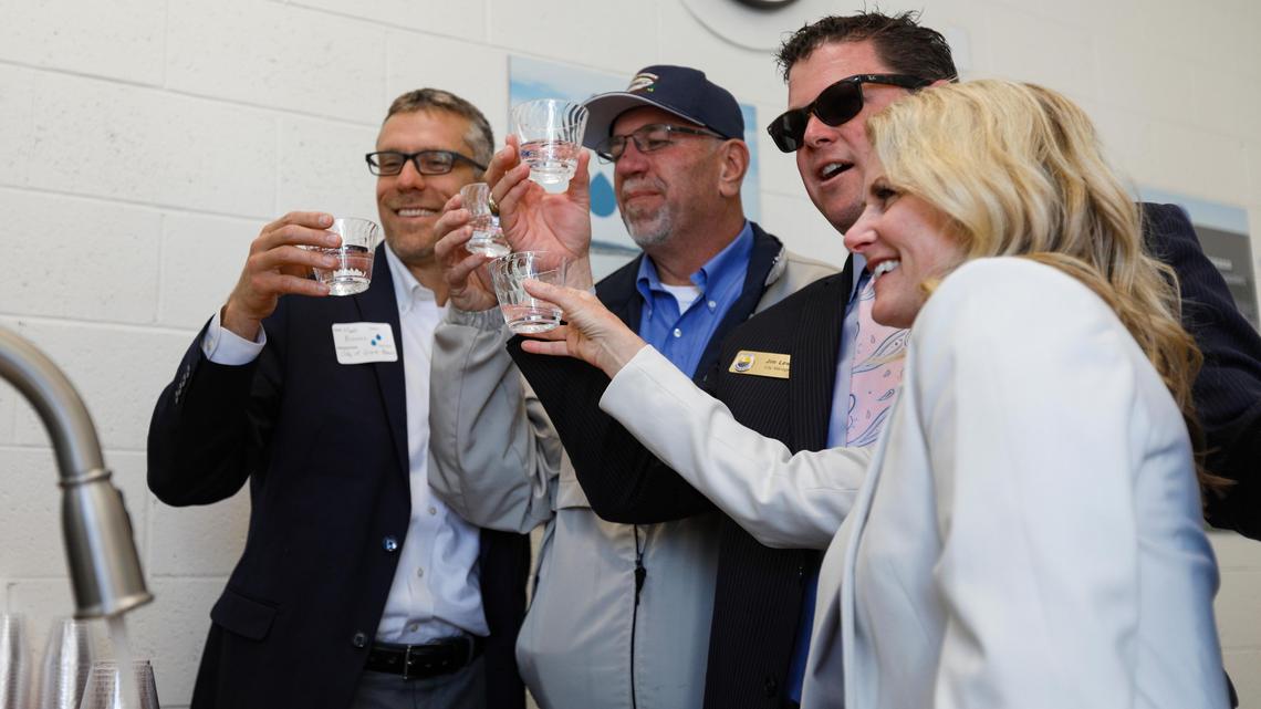 From left, city managers raise a toast in May 2018 before drinking purified water from Pismo Beach’s new recycling facility: Matthew Bronson of Grover Beach; Jim Bergman of Arroyo Grande and Jim Lewis of Pismo Beach along with Arroyo Grande Councilwoman Kristen Barneich. Five Cities community leaders were in Pismo Beach for the ribbon-cutting and opening of Central Coast Blue, a new advanced water purification demonstration facility. Arroyo Grande and Grover Beach have since pulled out of the project.