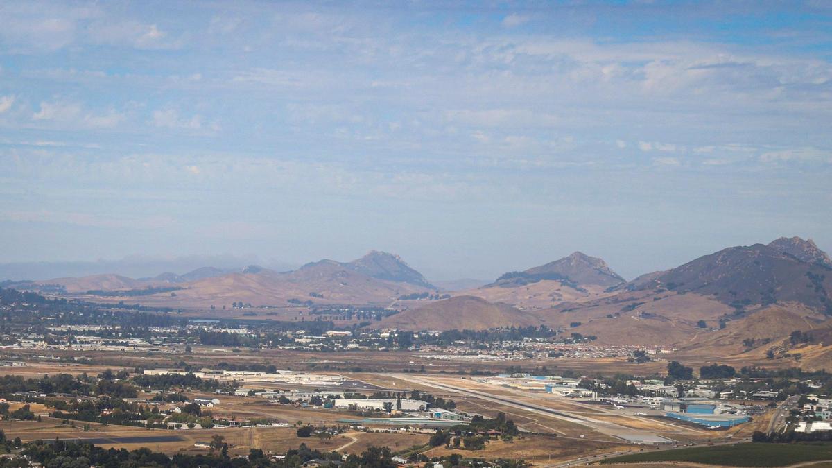 View of San Luis Obispo County Regional Airport on Sept. 18, 2024. Highway 227/Broad St. and Buckley Road is at lower right. A 56-acre property on Evans Road, neighboring the airport to the south is proposed to be rezoned from agriculture to large-lot residential.