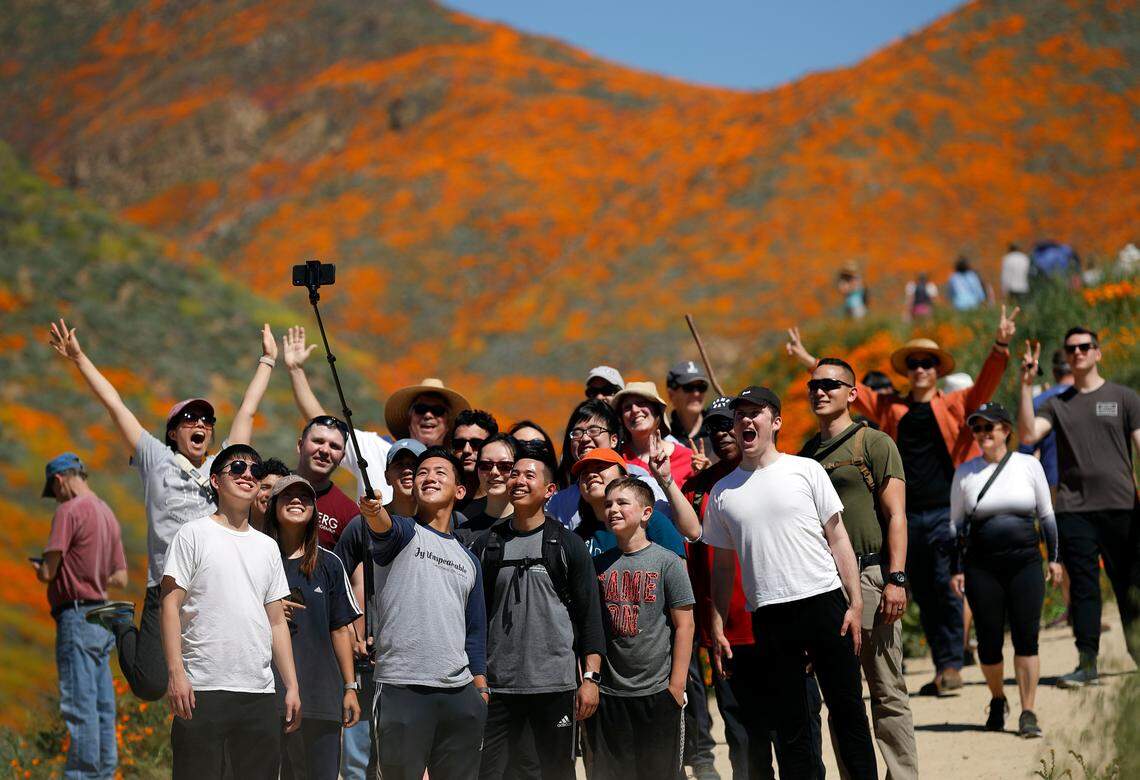 People pose for a picture among wildflowers in bloom in spring 2019 at Walker Canyon in Lake Elsinore. About 150,000 people flocked to the area during one weekend to see the rain-fed orange patches of poppies.