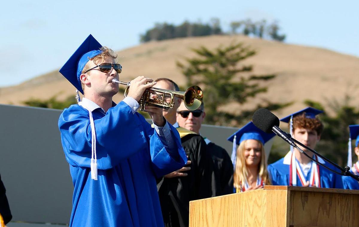 Connor Kielty plays the national anthem on a trumpet. Morro Bay high school seniors celebrated their 2025 high school graduations with scholarships and future plans.
