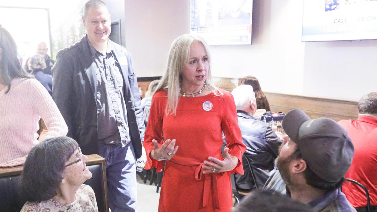 Heather Moreno talks to supporters at an election night party at Mountain Mikes Pizza. She is in District 5 race for San Luis Obispo County Supervisor, on March 5, 2024.