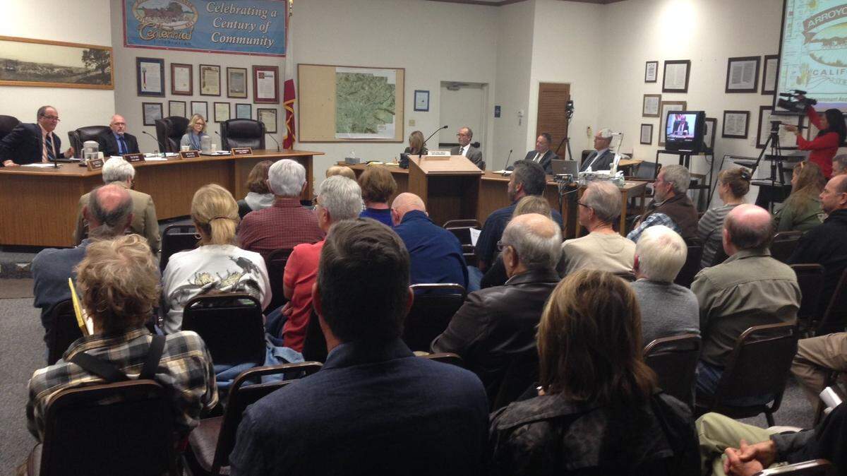 Dozens of residents attend an Arroyo Grande City Council meeting Wednesday as the council announces it has put City Manager Steve Adams on leave while a replacement is found.