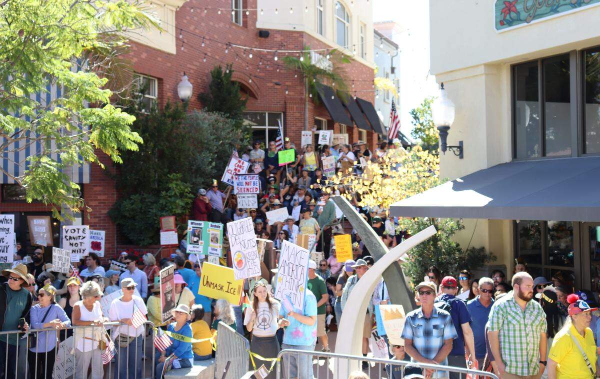 Thousands of people attended the No Kings rally in downtown San Luis Obispo to protest the Trump administration and support Prop. 50 on Oct. 18, 2025.