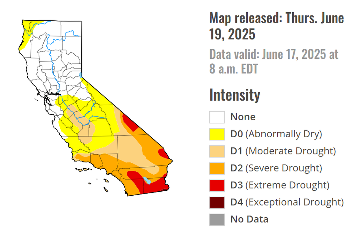 About 39% of California was in drought as of Thursday, June 19, 2025, according to the U.S. Drought Monitor’s weekly map.