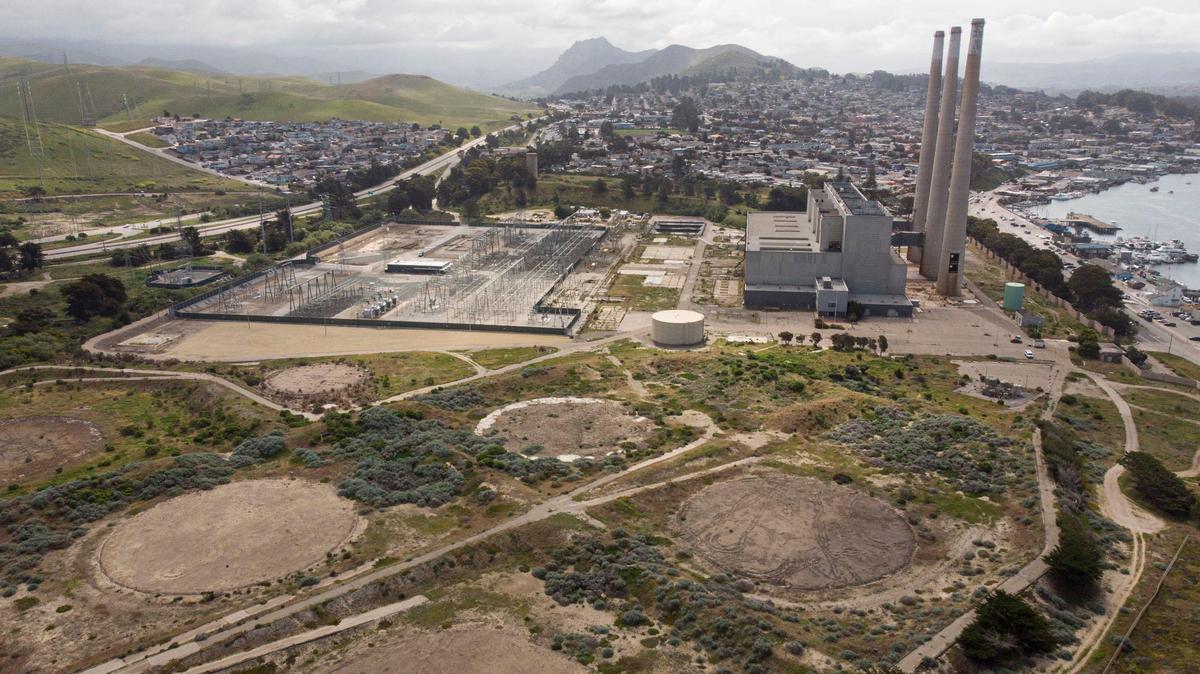 The former Morro Bay Power Plant site on April 25, 2024 where Vistra has proposed a battery electrical storage facility. The battery facility will be located on the former oil tank farm in foreground and hidden behind the current sand berm that was a containment for the tanks.