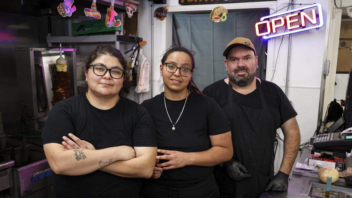 From the left are owners Paulina Salcedo, Sara Zuniga and Miguel Fuentes. Los Mexas is open inside the Sidewalk Market near Mitchell Park in San Luis Obispo. Seen here on July 25, 2025.