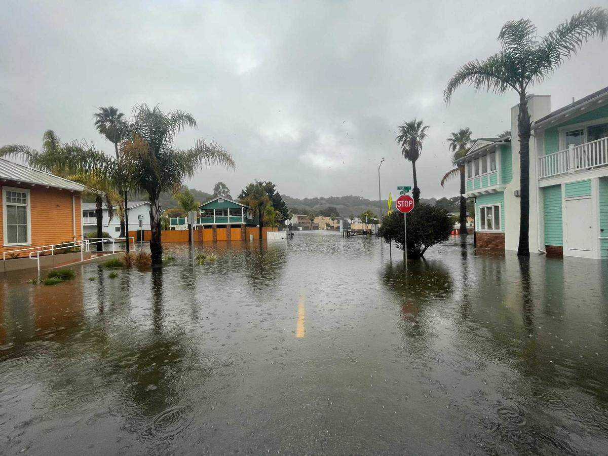 Streets are flooded in Avila Beach on Thursday, Jan. 28, 2021.