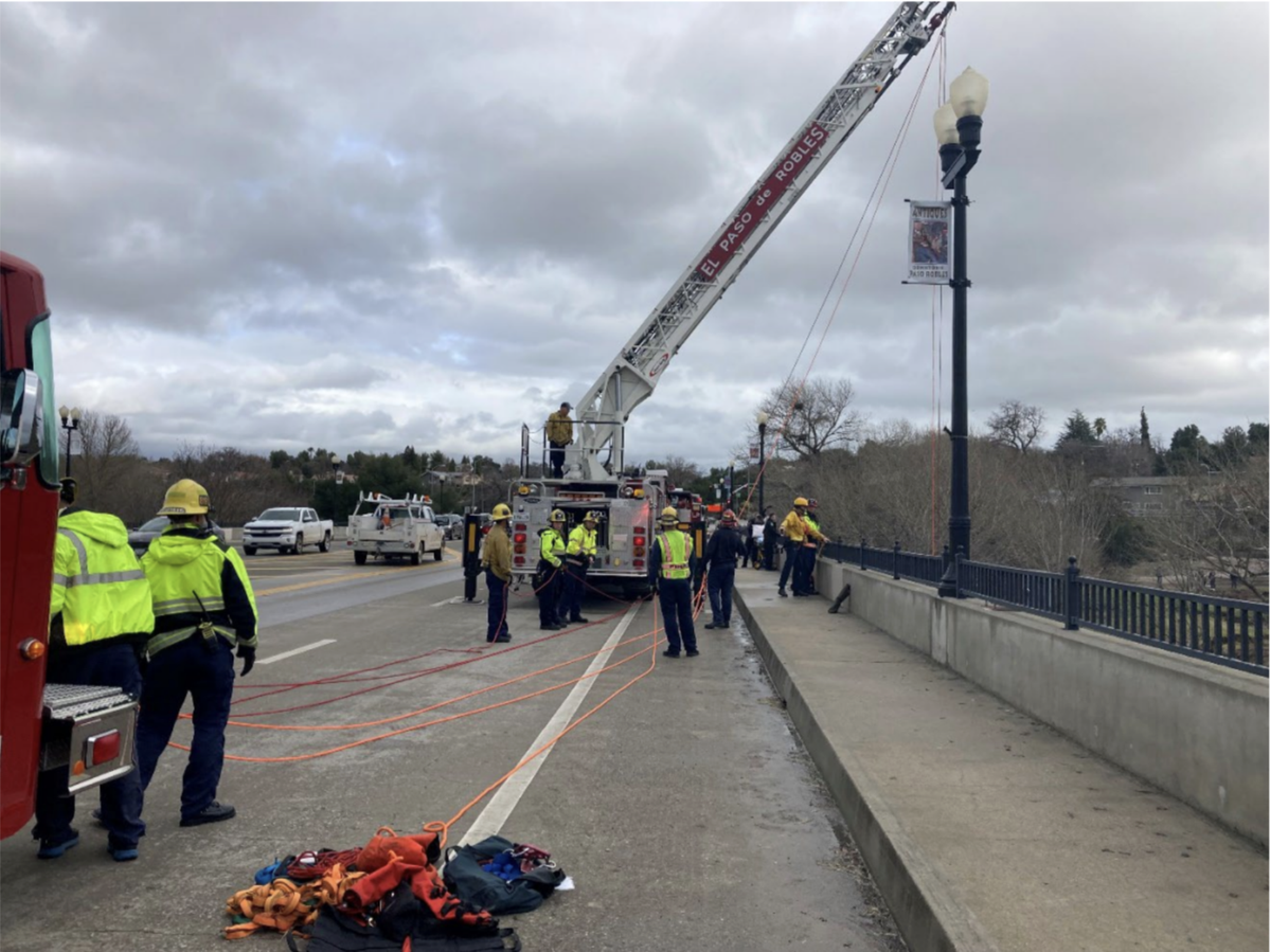 Paso Robles firefighters rescued a man trapped on an island in the Salinas River near the 13th Street Bridge on Friday, Jan. 13, 2023, , utilizing a high angle rope rescue to pull the patient to safety.