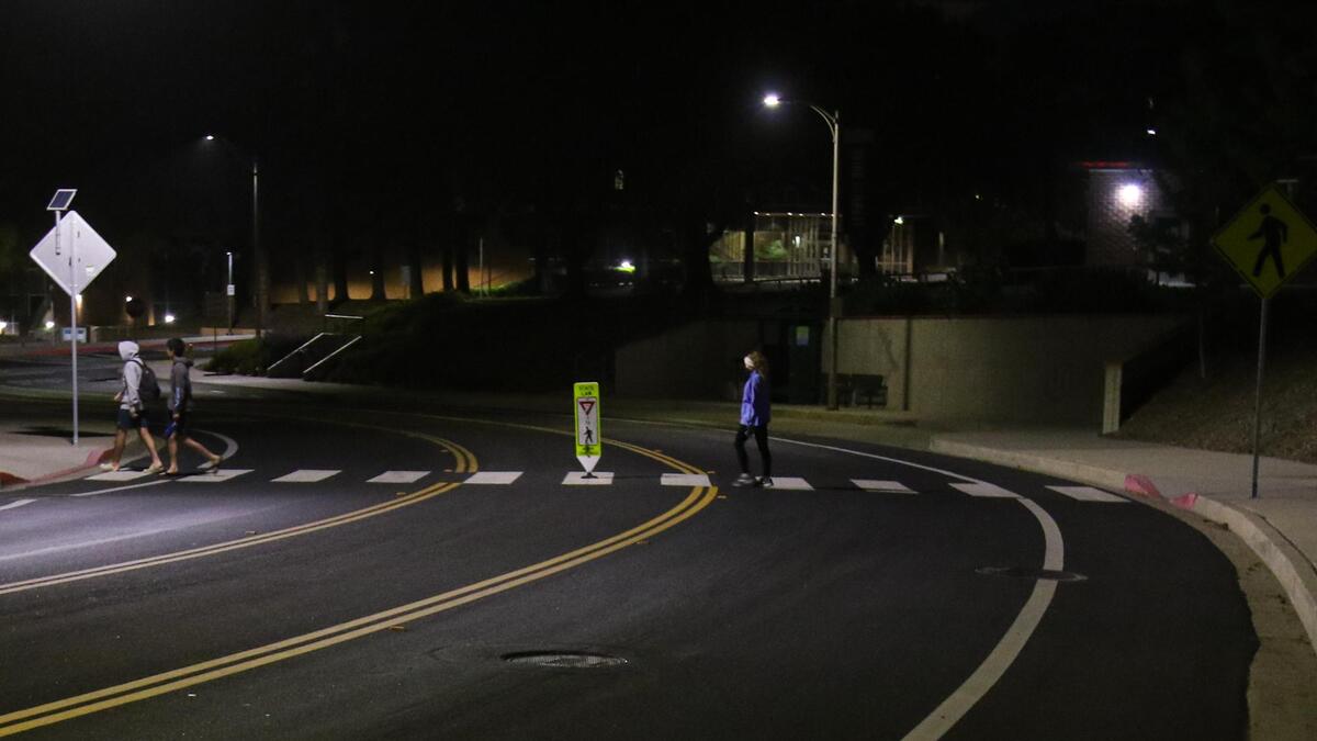 The Grand Ave. crosswalk near the Performing Arts Center and University Union is a high traffic, well lit part of Cal Poly.