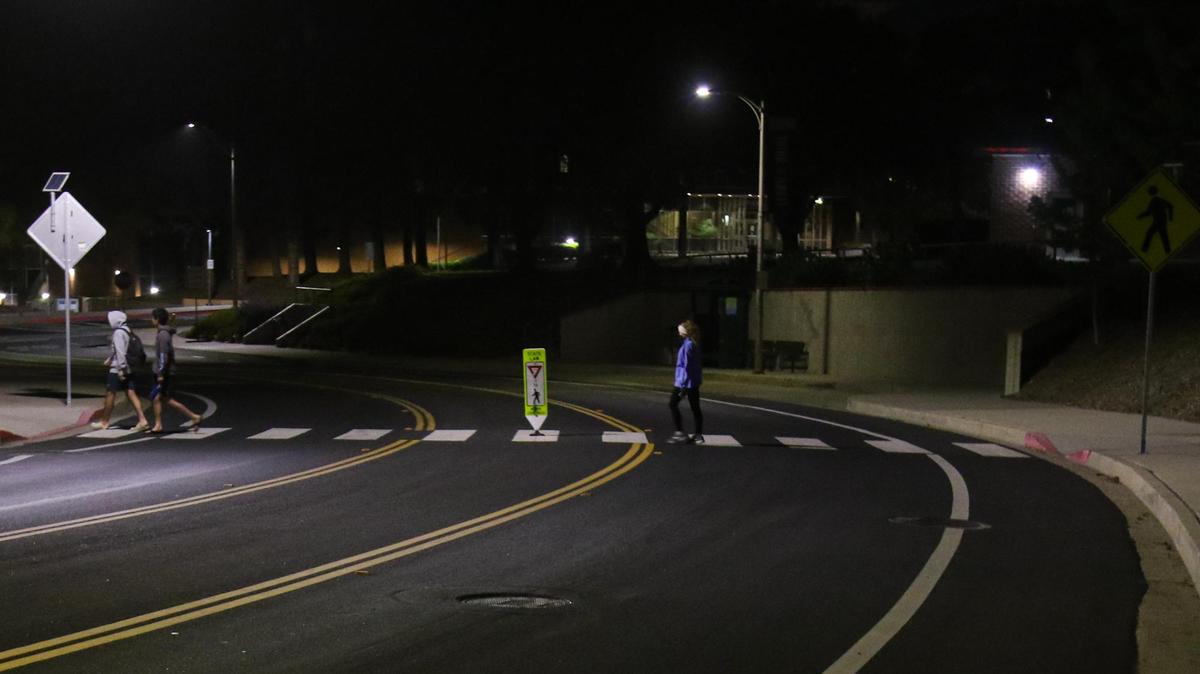 The Grand Avenue crosswalk near the Performing Arts Center and University Union is a high-traffic, well-lit part of Cal Poly.