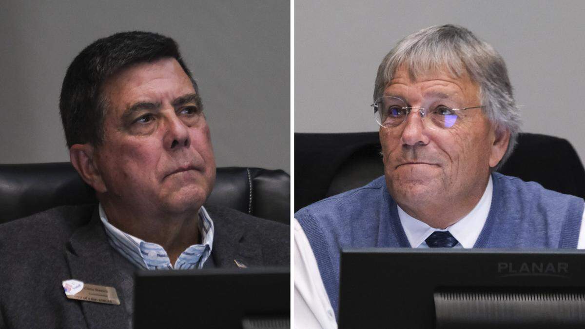 Paso Robles Mayor John Hamon, right, called out Councilmember Chris Bausch at a meeting on Sept. 16, 2025, blaming Bausch for the complaint by Ty Lewis and the lawsuit from The Tribune, which cost the city more than $400,000 in legal fees.