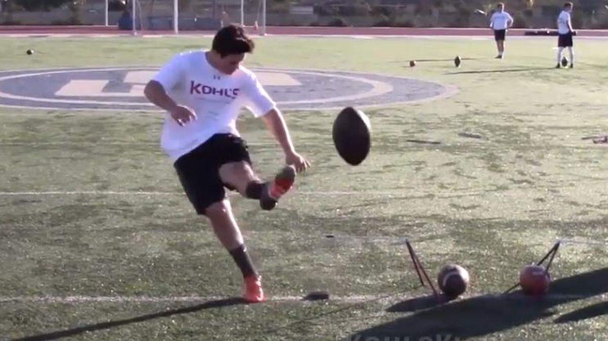 Emany Plasencia, the talented Coast Union High School quarterback and kicker, kicks at Kohl’s Kicking Camp in Florida.