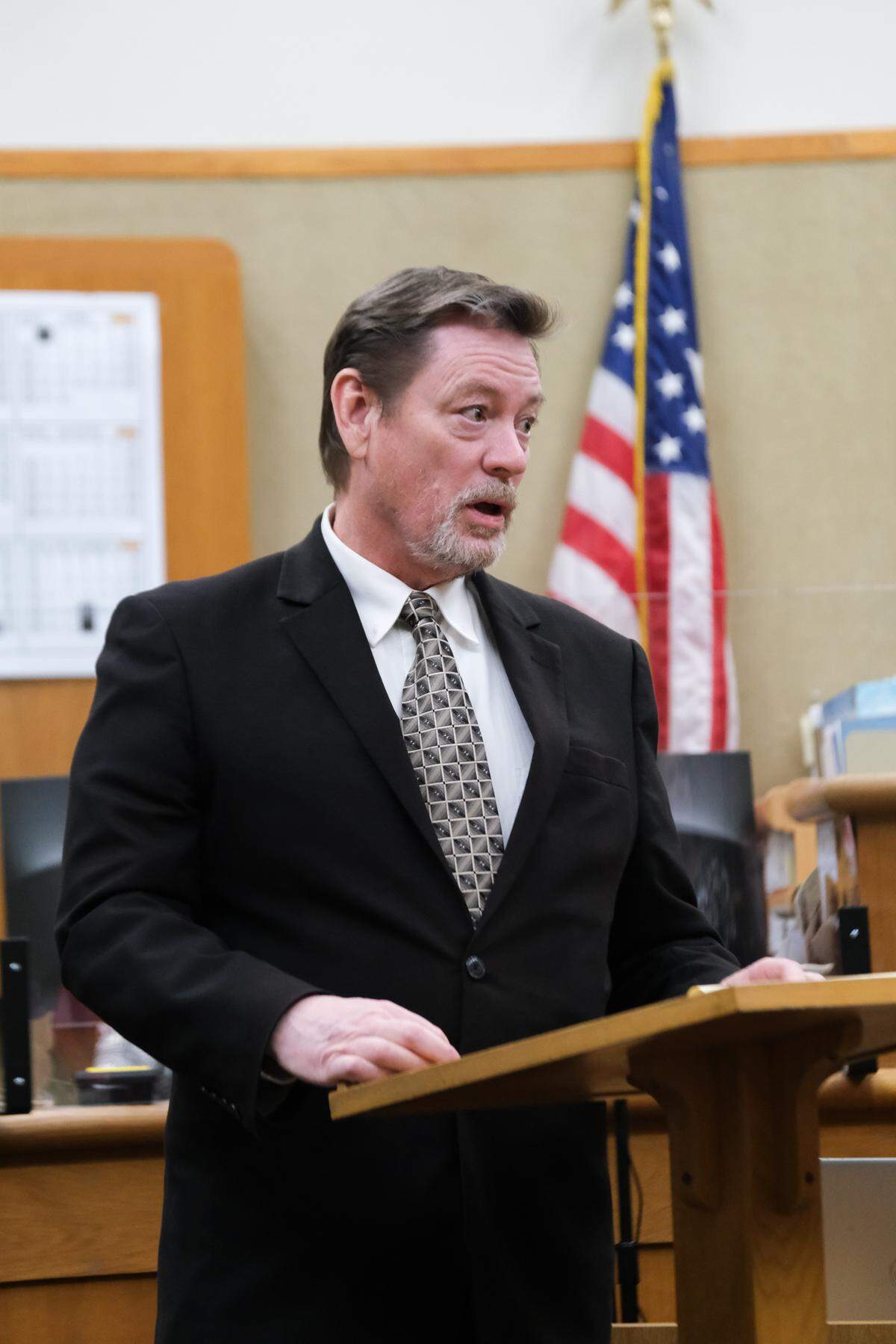 Defense attorney James Askew gives opening statements in the murder case against his client Marco Antonio Cota Jr. in San Luis Obispo Superior Court on Feb. 1, 2024. He is accused of killing Rick Fowler and jamming sticks into his body on Nov. 20, 2021.