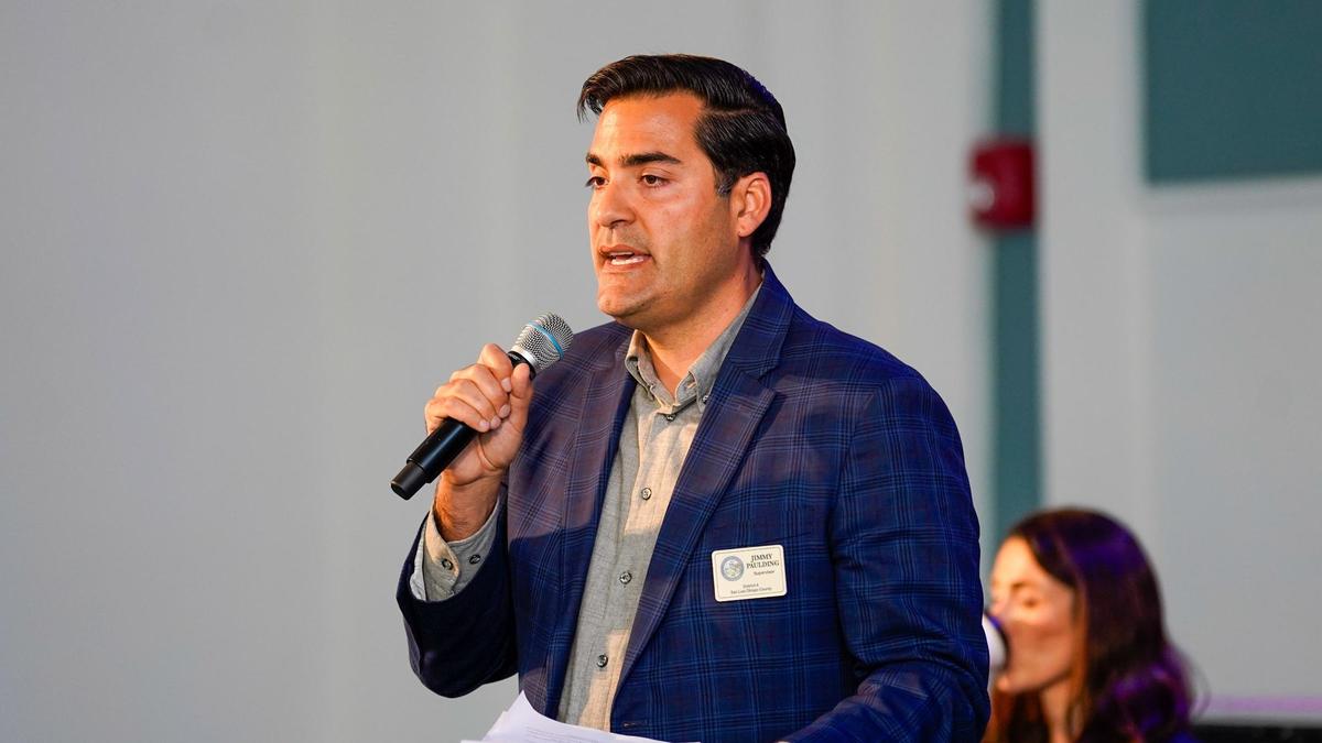San Luis Obispo County Supervisor Jimmy Paulding speaks at a community meeting about the Welcome Home Village Housing Project at Renovate Church Wednesday, May 1, 2024. Many residents asked questions related to project site security, parking and the project’s location in a residential neighborhood.
