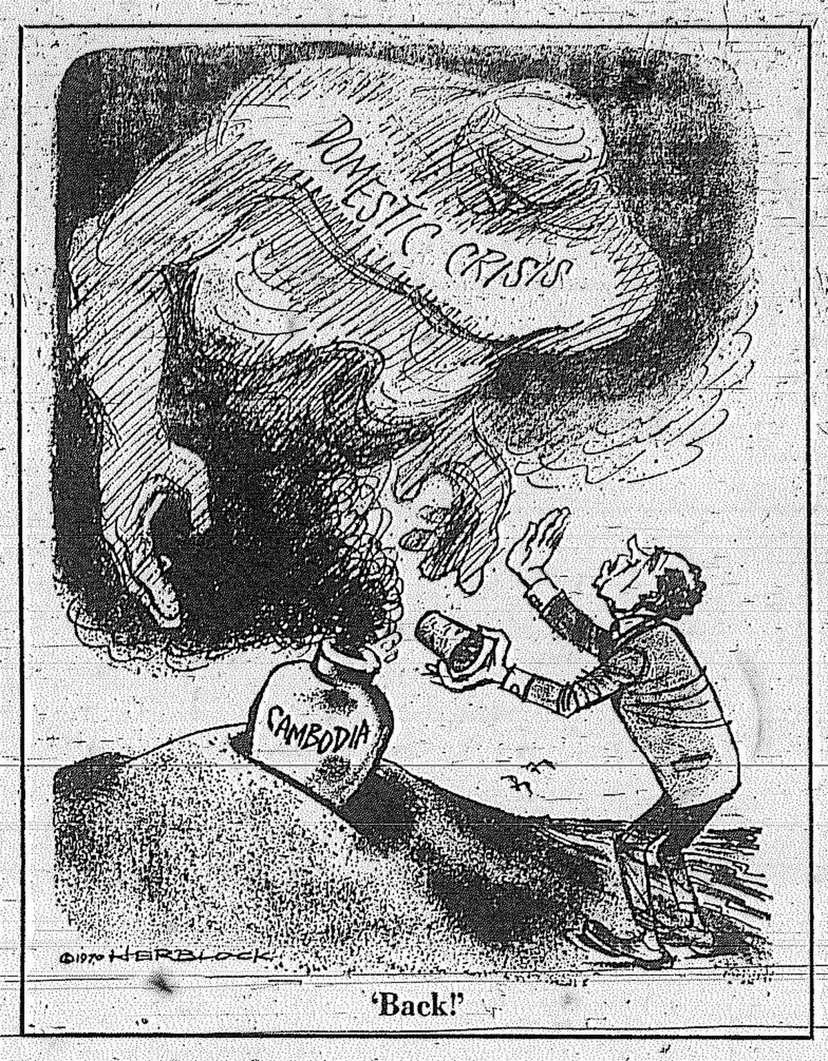 Herbert Block or Herblock cartoon from May 13, 1970, showing President Richard Nixon trying to put the genie of anti-war protest and economic trouble back in the bottle after escalating the Vietnam War across the Cambodian border.