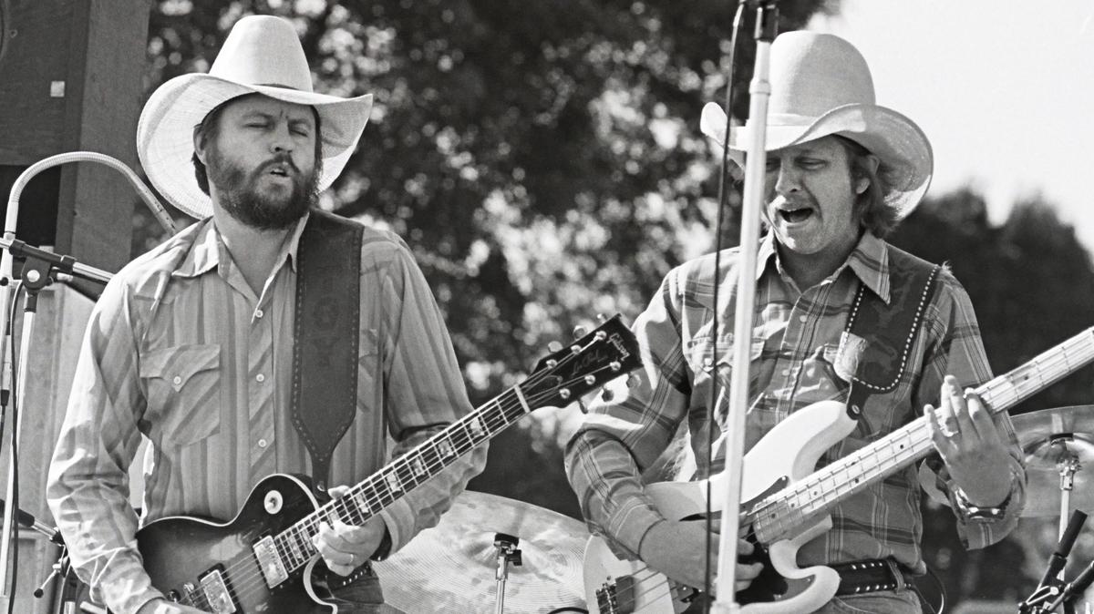 Toy Caldwell (left) and brother Tommy Caldwell, original members of the Marshall Tucker Band, play one of their hits “Can’t you See” on stage at Cal Poly SLO on May 14, 1977.