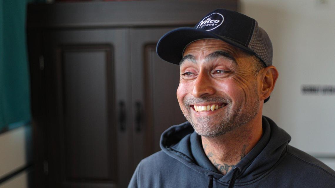 Marcos David Rodriguez was living in his car when a police officer told him about the Cabins for Change program in Grover Beach. He went from there to this no-frills cabin, seen here on April 28, 2023, and now graduating from the program to a home of his own.