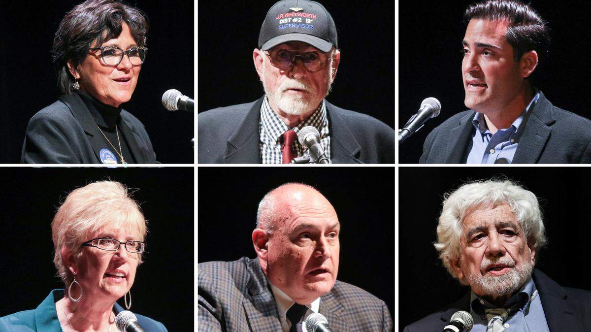 Candidates running for the San Luis Obispo County Board of Supervisors include, clockwise from top, Dawn Ortiz-Legg, John Whitworth, Jimmy Paulding, Arnold Ruiz, Bruce Jones and Stacy Korsgarden. They spoke during a debate at Cuesta College’s Cultural and Performing Arts Center in San Luis Obispo on Tuesday, April 19, 2022.