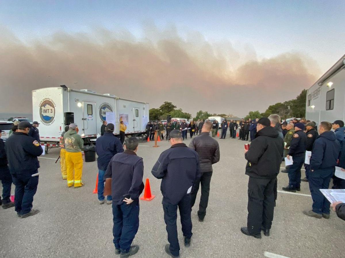 Emergency crews gather Tuesday morning to prepare to battle the Alisal Fire. Highway 101 was closed in both directions north of Santa Barbara due to the fire.