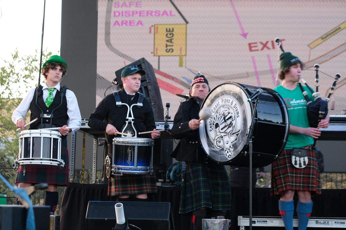 Central Coast Pipes and Drums perform at Cal Poly’s “Morning on the Green” music festival as the sun rises on March 15, 2025. The festival was sponsored by the university to give students a safer option instead of partying in the streets on St. Fratty’s Day.