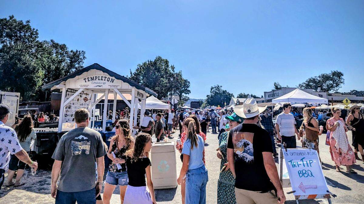 Community members gather in downtown Templeton during the Grain Revival fundraiser event supporting Templeton Feed & Grain in September 2025.